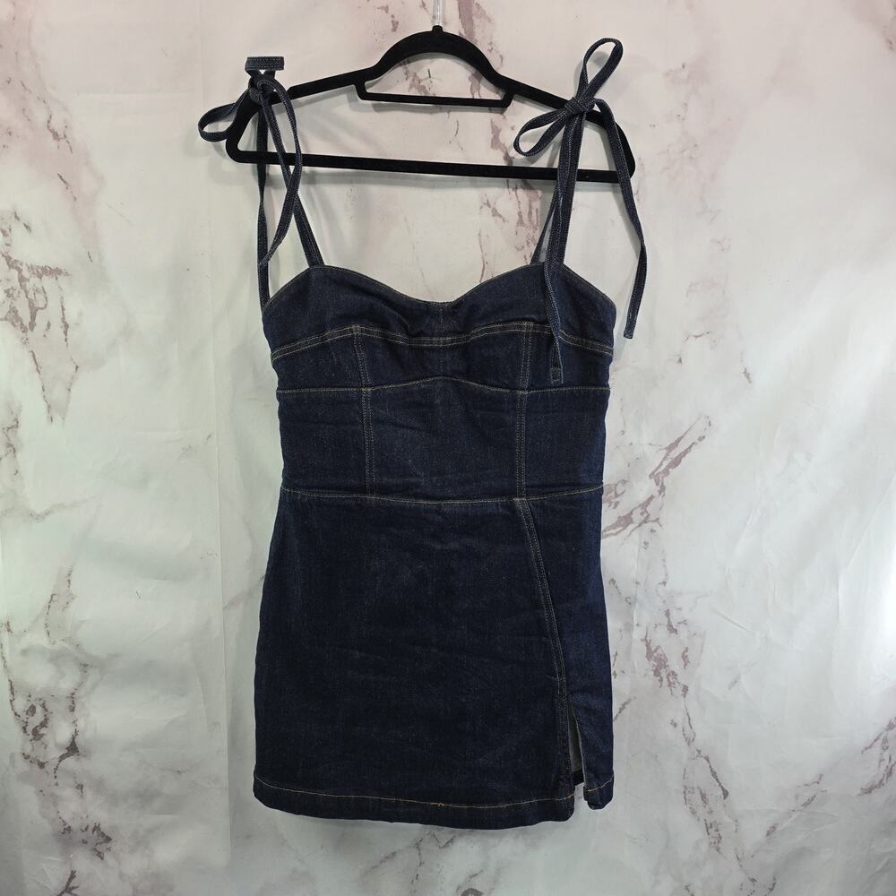 Amanda Uprichard Romper Dress Womens Medium Denim Taylor Mini Tie Sleeve Tank